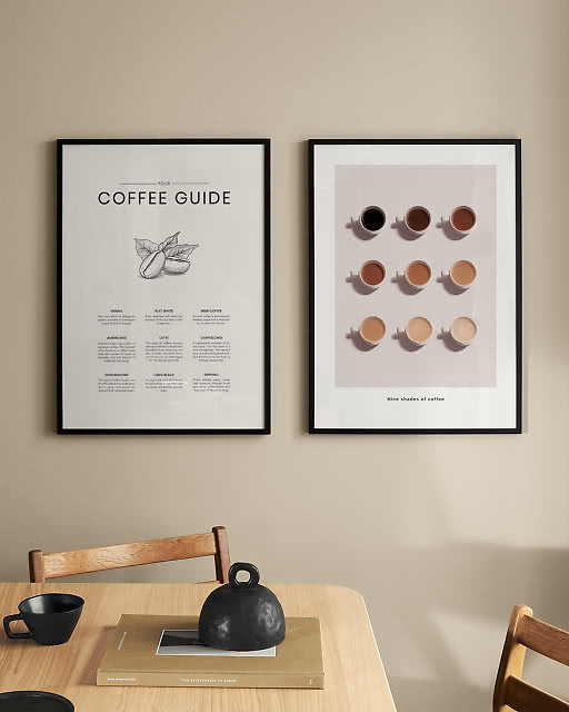 A Coffee Guide print and a Nine Shades of Coffee photo print in black frames above a wooden dining table.
