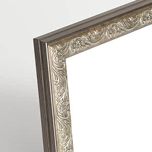 Primer plano de marco Versailles plateado con patrón ornamental decorativo