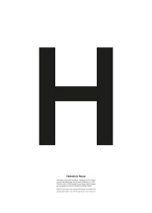 Minimalistisk plakat med stort sort H og tekst om Helvetica Neue på hvid baggrund