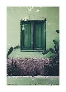 Finestra verde su parete verde chiaro con crepe e cactus ai lati