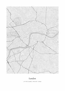 Minimalistisches schwarz-weißes Stadtplan-Poster von London mit Themse und Koordinaten unten