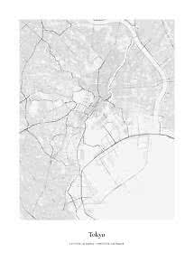 Póster minimalista en blanco y negro del mapa de Tokio con calles y zona costera.