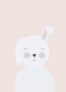 Illustrazione minimalista di un coniglio bianco con occhi chiusi su sfondo beige chiaro