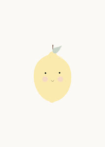 Cute illustration of a yellow lemon with a face and leaf on a light gray background
