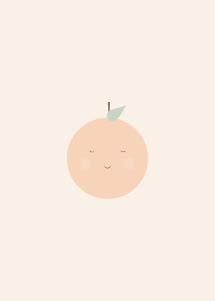 Minimalistische Illustration eines Pfirsichs mit süßem Gesicht auf hellbeigem Hintergrund