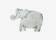 Håndmalet grå elefant med krøllet snabel på hvid baggrund