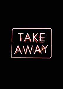 Rosa Neonschild mit dem Schriftzug "TAKE AWAY" auf schwarzem Hintergrund