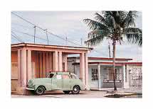 Mint green vintage car parked by pastel houses and a palm tree