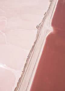 Luftaufnahme eines rosa Salzsees mit weißem Ufer und gemusterten Salzflächen