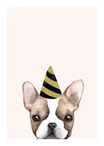 Aquarelle d’un chiot bouledogue avec chapeau de fête noir et or sur fond rose pâle