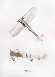 Illustration av ett Blériot XI-flygplan uppifrån och från sidan, med texten Louis Blériot 1909