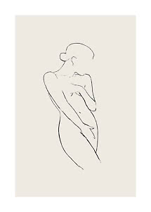Minimalist line drawing of a female figure in profile on a beige background