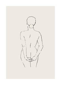 Minimalist line drawing of a nude woman from behind on a beige background