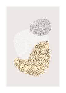 Poster astratto con forme puntinate sovrapposte in bianco, grigio e ocra su sfondo beige chiaro