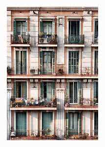 Fachada de edificio con persianas verdes, balcones de hierro forjado y plantas