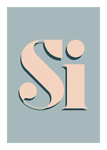 Abstraktes Typografie-Poster mit den Buchstaben S und i in Hellrosa auf graublauem Hintergrund