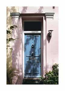 Blue front door in a pink facade with wall light, plants, and leaf shadows