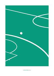 Minimalistisk poster av en grön fotbollsplan med vita linjer och en vit boll