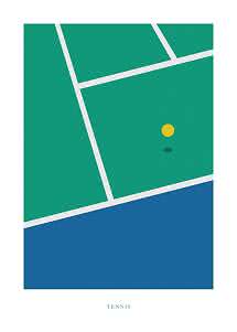 Poster minimalista di tennis con campo verde, area blu e palla gialla