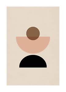 Abstrakt plakat med brun cirkel og rosa samt sort halvcirkel på beige baggrund
