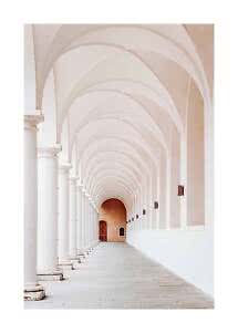 Bright arched corridor with white columns, vaulted ceiling, and wooden door at the end