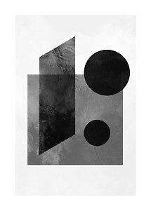 Stampa astratta in bianco e nero con forme geometriche, due cerchi e un alto poligono su blocchi grigi