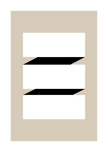 Abstrakt geometrisk plakat med tre hvide bjælker og sorte diagonale former på beige baggrund