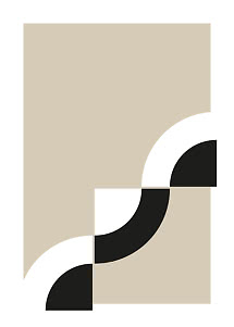 Abstrakt geometrisk plakat i beige med sorte og hvide halvcirkler