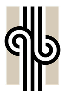 Motif abstrait noir et blanc avec bandes beiges verticales et formes en spirale