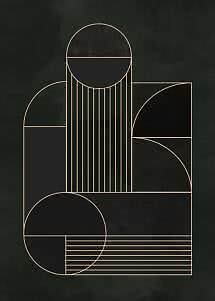 Poster geometrico astratto con archi, cerchi e linee beige su sfondo scuro