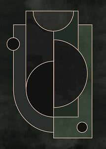 Abstrakcyjny plakat geometryczny z czarnymi i ciemnozielonymi kształtami na ciemnym tle
