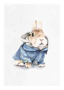 Watercolor of a brown rabbit wearing a blue coat with a high collar on a white background