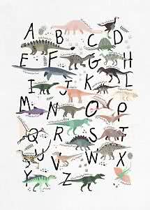 Alphabet poster with A-Z and colorful dinosaurs, flying reptiles and footprints on a light background