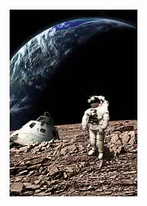 Astronaut on a rocky moon surface beside a space capsule, with Earth looming in the background.