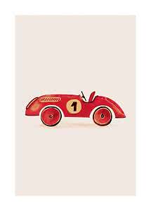 Illustration of a red vintage race car with number 1 on a light background