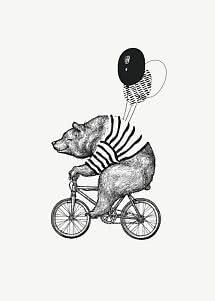 Sort-hvid illustration af en bjørn på cykel med stribet trøje og tre balloner
