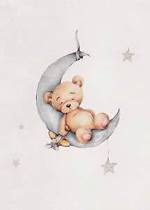 Aquarell eines schlafenden Teddybären auf grauer Mondsichel mit kleinen Sternen