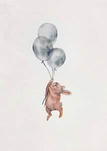 Aquarell eines rosa Kaninchens, das an drei grauen Ballons vor hellem Hintergrund hängt