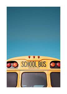 Top of a yellow school bus with rear lights against a clear blue sky