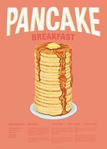 Plakat med stak pandekager med sirup og smør på lyserød baggrund, med overskriften "Pancake Breakfast"