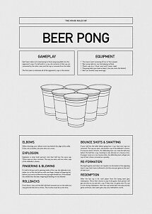 Sort-hvid plakat med beer pong-regler, tekstbokse og illustration af seks plastikkrus.