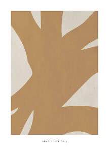 Poster astratto con grandi forme organiche beige su sfondo bianco crema, testo in basso.