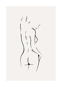 Minimalist line drawing of a nude female figure in side view on a light background
