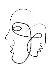 Minimalist line drawing of two abstract faces in profile on a white background