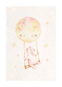 Watercolor of a pink bear on a swing hanging from a sleeping moon balloon with small stars