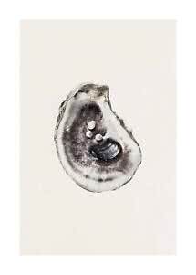 Open oyster shell with a dark pearl and three small pearls on a light background