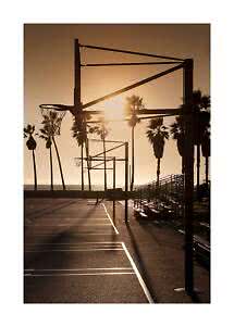Beachside basketball courts at sunset with palm trees and empty bleachers