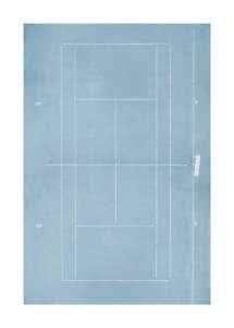 Affiche abstraite bleue avec fines lignes géométriques blanches et petit détail vertical à droite