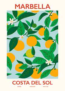 Illustrated Marbella poster with lemons, green leaves and white blossoms on a light blue background
