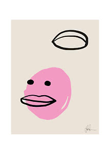 Abstraktes Poster mit rosa Gesicht, schwarzen Konturen und beigem Hintergrund